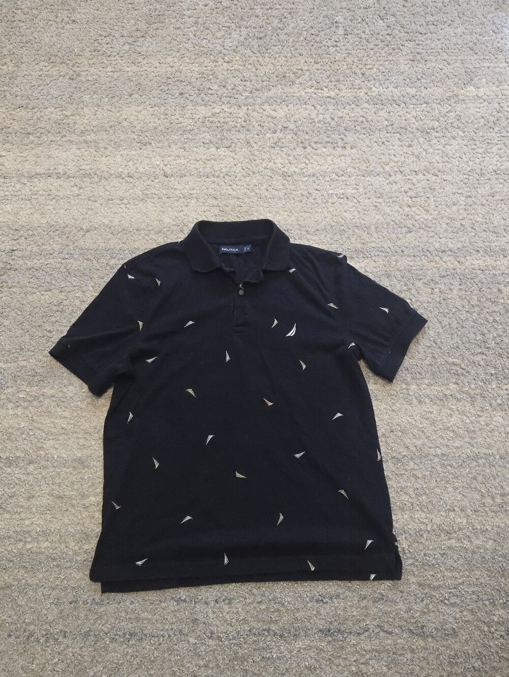Nautica Men's Polo Shirt Medium M Navy Blue All Over Sailboat Print J-Class S/S